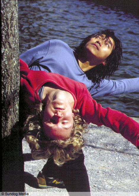 Dancers Jun Morii and Amanda Banks by the pool in the Civic Square, Plymouth city centre