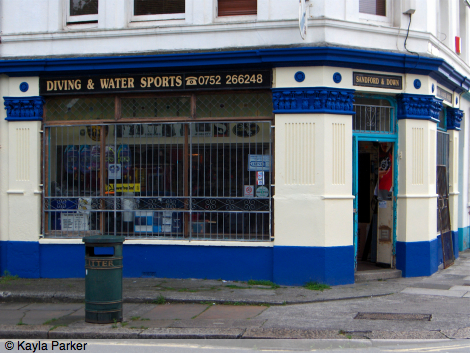 Colour photo of Sandford and Down's Diving & Water Sports shop on Pier Street, West Hoe, Plymouth: Video Ciné International HQ was on the first floor in 1989