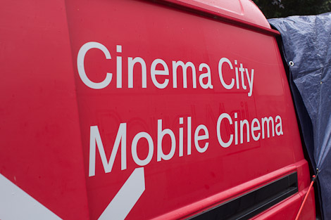 Stuart Moore's photo of Plymouth Arts Centre's Mobile Cinema, in the Place de Brest on a rainy Wednesday afternoon